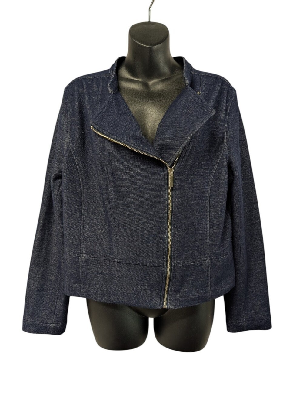 Liz Claiborne Blue Denim Look Zip Up Moto Jacket Peplum Hem Size Large